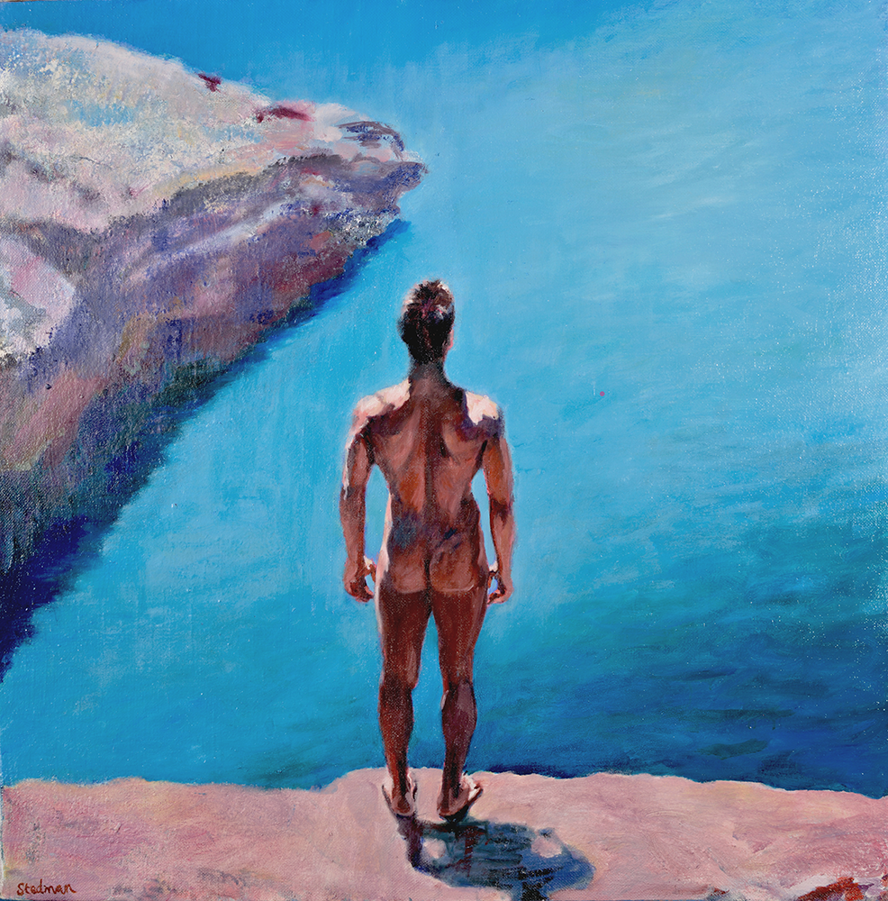 Painting of nude cliff diver looking out to sea